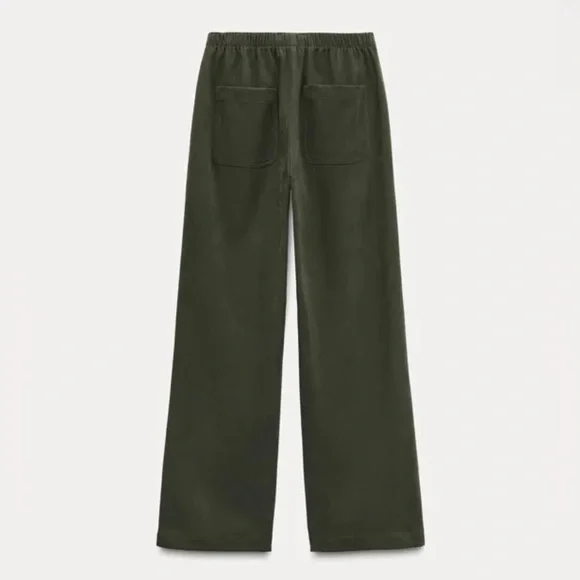 ZARA TEXTURED WIDE LEG PANTS DARK KHAKI GREEN - Picture 2 of 6